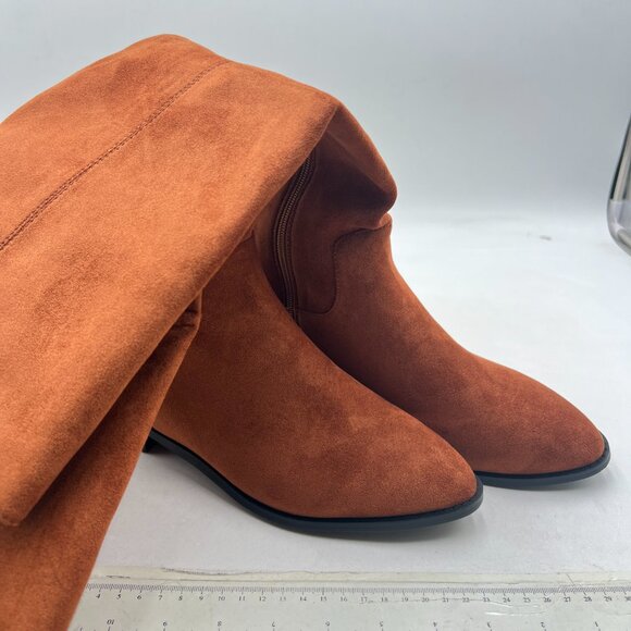 Brown Suede Almond Toe Low Heel Stretchy Long Boot Side Zipper Knee High Boots - Picture 4 of 8